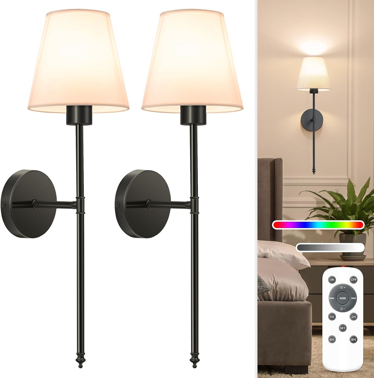 Battery Operated Wall Sconce Set of 2,Black Rechargeable Wall Lights with 5200mAh Dimmable Detachable Bulbs and Remote, 10 Colors Wireless Wall Lamps for Bedroom Living Room Hallway